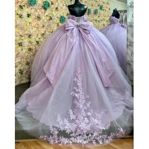 Off Shoulder Lilac Quinceanera Dresses Sweetheart Neck Lace Appliques 15 Dress With Bow