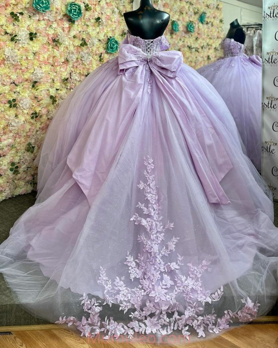 Off Shoulder Lilac Quinceanera Dresses Sweetheart Neck Lace Appliques 15 Dress With Bow