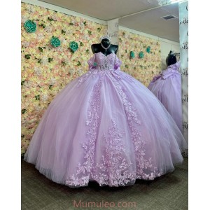 Off Shoulder Lilac Quinceanera Dresses Sweetheart Neck Lace Appliques 15 Dress With Bow