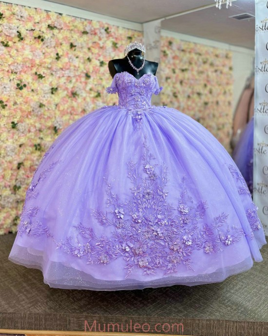 Off Shoulder Lilac Quinceanera Dresses Sweetheart Neck Lace Appliques 15 Dress