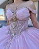 Off Shoulder Lilac Quinceanera Dresses Sweetheart Neck Metallic Sequin 15 Dress