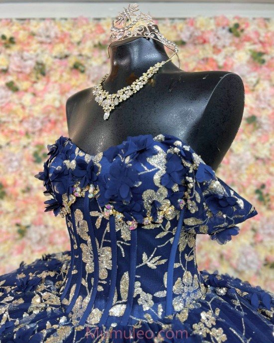 Off Shoulder Navy Blue Quinceanera Dresses Lace Appliques Sweetheart Neck 15 Dress