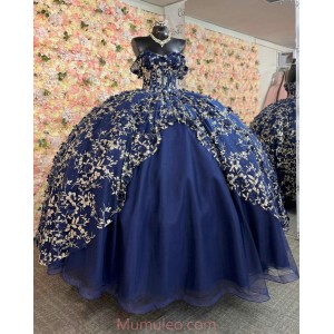 Off Shoulder Navy Blue Quinceanera Dresses Lace Appliques Sweetheart Neck 15 Dress