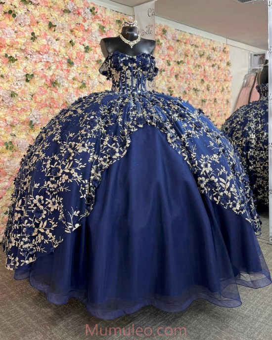 Off Shoulder Navy Blue Quinceanera Dresses Lace Appliques Sweetheart Neck 15 Dress