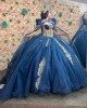 Off Shoulder Navy Blue Quinceanera Dresses Sweetheart Neck Metallic Sequin 15 Dress