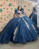 Off Shoulder Navy Blue Quinceanera Dresses Sweetheart Neck Metallic Sequin 15 Dress