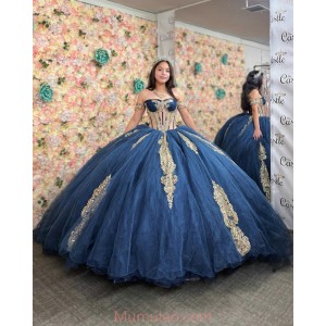 Off Shoulder Navy Blue Quinceanera Dresses Sweetheart Neck Metallic Sequin 15 Dress