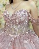 Off Shoulder Pink Quince Dresses Lace Appliques Sweetheart Neck 15 Dress