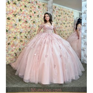 Off Shoulder Pink Quince Dresses Lace Appliques Sweetheart Neck 15 Dress