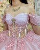 Off Shoulder Pink Quince Dresses Metallic Sequin Sweetheart Neck 15 Dress