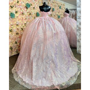 Off Shoulder Pink Quinceanera Dresses Metallic Sequin Sweetheart Neck 15 Dress With 3D Flowers