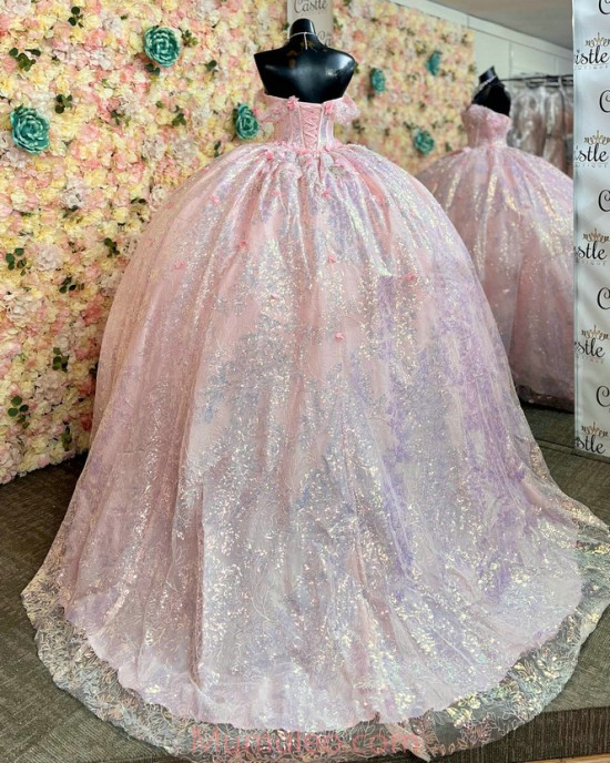 Off Shoulder Pink Quinceanera Dresses Metallic Sequin Sweetheart Neck 15 Dress With 3D Flowers