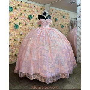 Off Shoulder Pink Quinceanera Dresses Metallic Sequin Sweetheart Neck 15 Dress With 3D Flowers