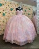 Off Shoulder Pink Quinceanera Dresses Metallic Sequin Sweetheart Neck 15 Dress With 3D Flowers