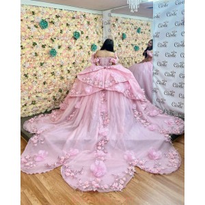 Off Shoulder Pink Quinceanera Dresses Sweetheart Neck Sheer Bodice 15 Dress With 3D Flowers