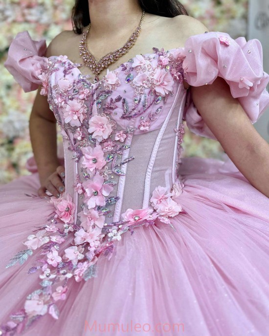 Off Shoulder Pink Quinceanera Dresses Sweetheart Neck Sheer Bodice 15 Dress With 3D Flowers