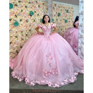 Off Shoulder Pink Quinceanera Dresses Sweetheart Neck Sheer Bodice 15 Dress With 3D Flowers