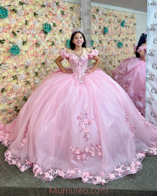 Off Shoulder Pink Quinceanera Dresses Sweetheart Neck Sheer Bodice 15 Dress With 3D Flowers