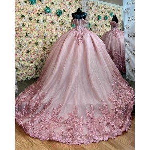 Off Shoulder Pink Quinceanera Dresses V Neck Crystal Sheer Bodice 15 Dress With 3D Flowers