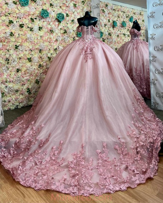 Off Shoulder Pink Quinceanera Dresses V Neck Crystal Sheer Bodice 15 Dress With 3D Flowers