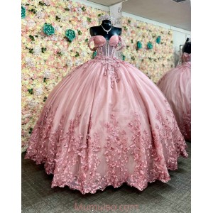 Off Shoulder Pink Quinceanera Dresses V Neck Crystal Sheer Bodice 15 Dress With 3D Flowers