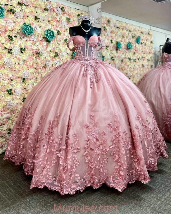 Off Shoulder Pink Quinceanera Dresses V Neck Crystal Sheer Bodice 15 Dress With 3D Flowers