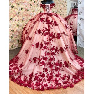 Off Shoulder Red On Nude Quinceanera Dresses Sweetheart Neck 15 Dress With 3D Flowers