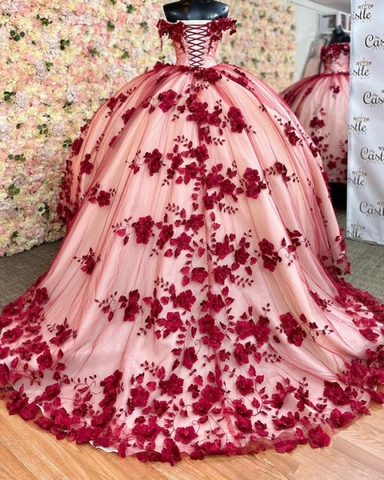 Off Shoulder Red On Nude Quinceanera Dresses Sweetheart Neck 15 Dress With 3D Flowers