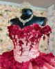 Off Shoulder Red On Nude Quinceanera Dresses Sweetheart Neck 15 Dress With 3D Flowers