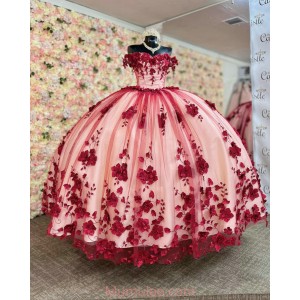 Off Shoulder Red On Nude Quinceanera Dresses Sweetheart Neck 15 Dress With 3D Flowers