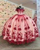 Off Shoulder Red On Nude Quinceanera Dresses Sweetheart Neck 15 Dress With 3D Flowers