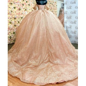 Off Shoulder Rose Gold Quince Dresses Metallic Sequin Sweetheart Neck 15 Dress