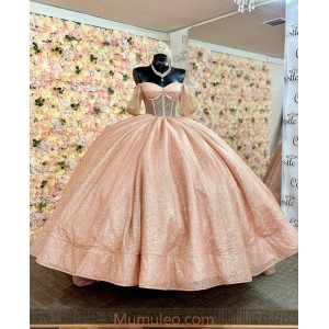 Off Shoulder Rose Gold Quince Dresses Metallic Sequin Sweetheart Neck 15 Dress