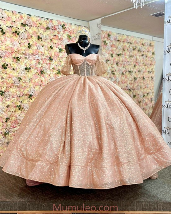 Off Shoulder Rose Gold Quince Dresses Metallic Sequin Sweetheart Neck 15 Dress