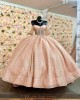 Off Shoulder Rose Gold Quince Dresses Metallic Sequin Sweetheart Neck 15 Dress