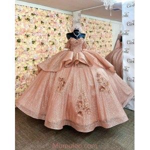 Off Shoulder Rose Gold Quince Dresses Sweetheart Neck 15 Dress With 3D Flowers