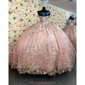 Off Shoulder Rose Gold Quinceanera Dresses Metallic Sequin V Neck 15 Dress