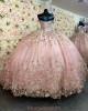 Off Shoulder Rose Gold Quinceanera Dresses Metallic Sequin V Neck 15 Dress