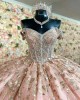 Off Shoulder Rose Gold Quinceanera Dresses Metallic Sequin V Neck 15 Dress