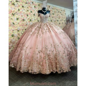 Off Shoulder Rose Gold Quinceanera Dresses Metallic Sequin V Neck 15 Dress