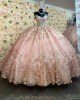 Off Shoulder Rose Gold Quinceanera Dresses Metallic Sequin V Neck 15 Dress