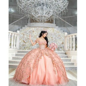 Off Shoulder Rose Gold Quinceanera Dresses Sweetheart Neck 15 Dress With 3D Flowers