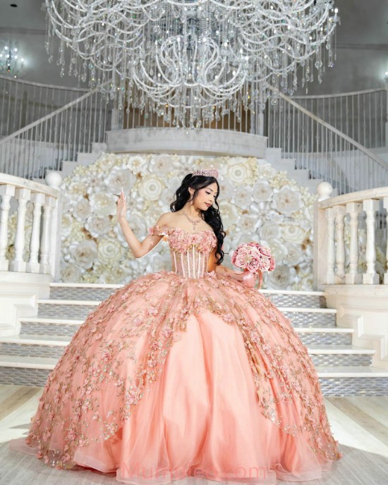 Off Shoulder Rose Gold Quinceanera Dresses Sweetheart Neck 15 Dress With 3D Flowers