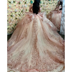 Off Shoulder Rose Gold Quinceanera Dresses Sweetheart Neck Metallic Sequin 15 Dress