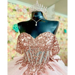 Off Shoulder Rose Gold Quinceanera Dresses Sweetheart Neck Metallic Sequin 15 Dress With Bow