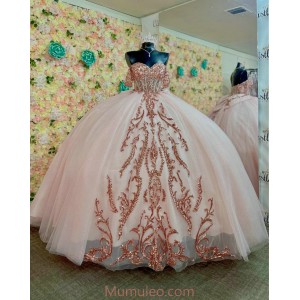 Off Shoulder Rose Gold Quinceanera Dresses Sweetheart Neck Metallic Sequin 15 Dress With Bow