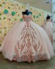 Off Shoulder Rose Gold Quinceanera Dresses Sweetheart Neck Metallic Sequin 15 Dress With Bow