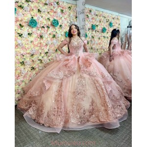 Off Shoulder Rose Gold Quinceanera Dresses Sweetheart Neck Metallic Sequin 15 Dress