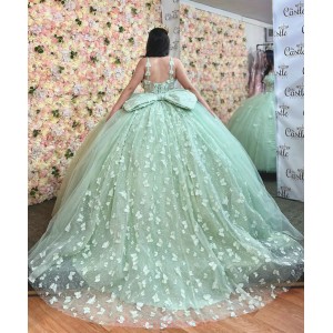 Off Shoulder Sage Green Quince Dresses Lace Appliques Sweetheart Neck 15 Dress With Bow