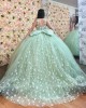 Off Shoulder Sage Green Quince Dresses Lace Appliques Sweetheart Neck 15 Dress With Bow